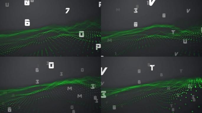 在灰色上移动的绿色数字景观上更改白色数字和字母的动画