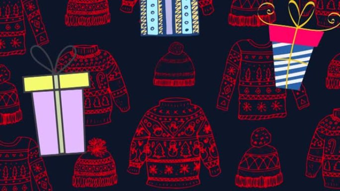 圣诞节礼物落在毛衣和帽子上的动画