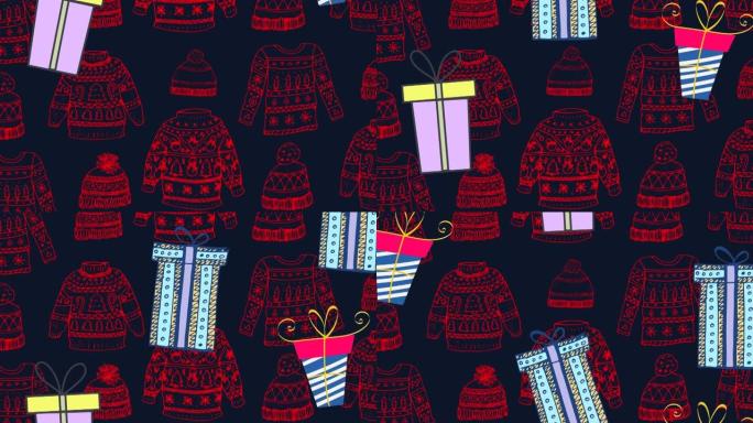 圣诞节礼物落在毛衣和帽子上的动画
