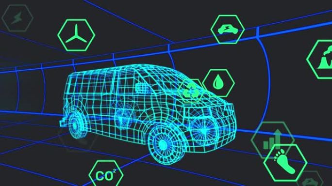 在黑色背景上移动的3d货车模型上处理状态数据的图标动画