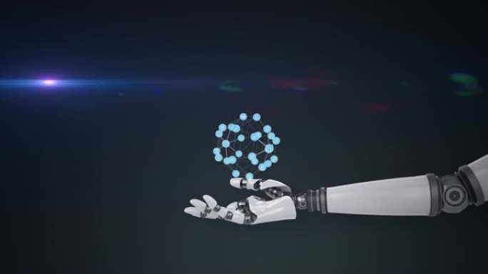 机器人手臂上不断增长的图标网络动画，黑暗背景上有蓝光