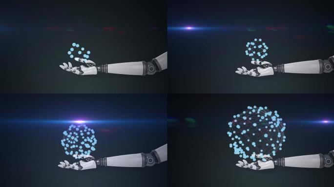 机器人手臂上不断增长的图标网络动画，黑暗背景上有蓝光
