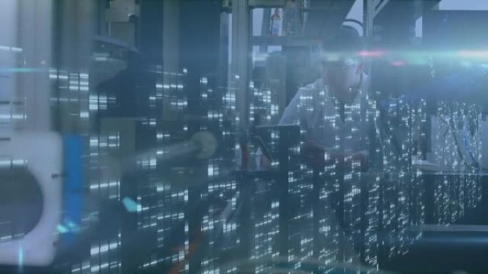 用机器人和平板电脑对男性科学家进行数据处理的动画