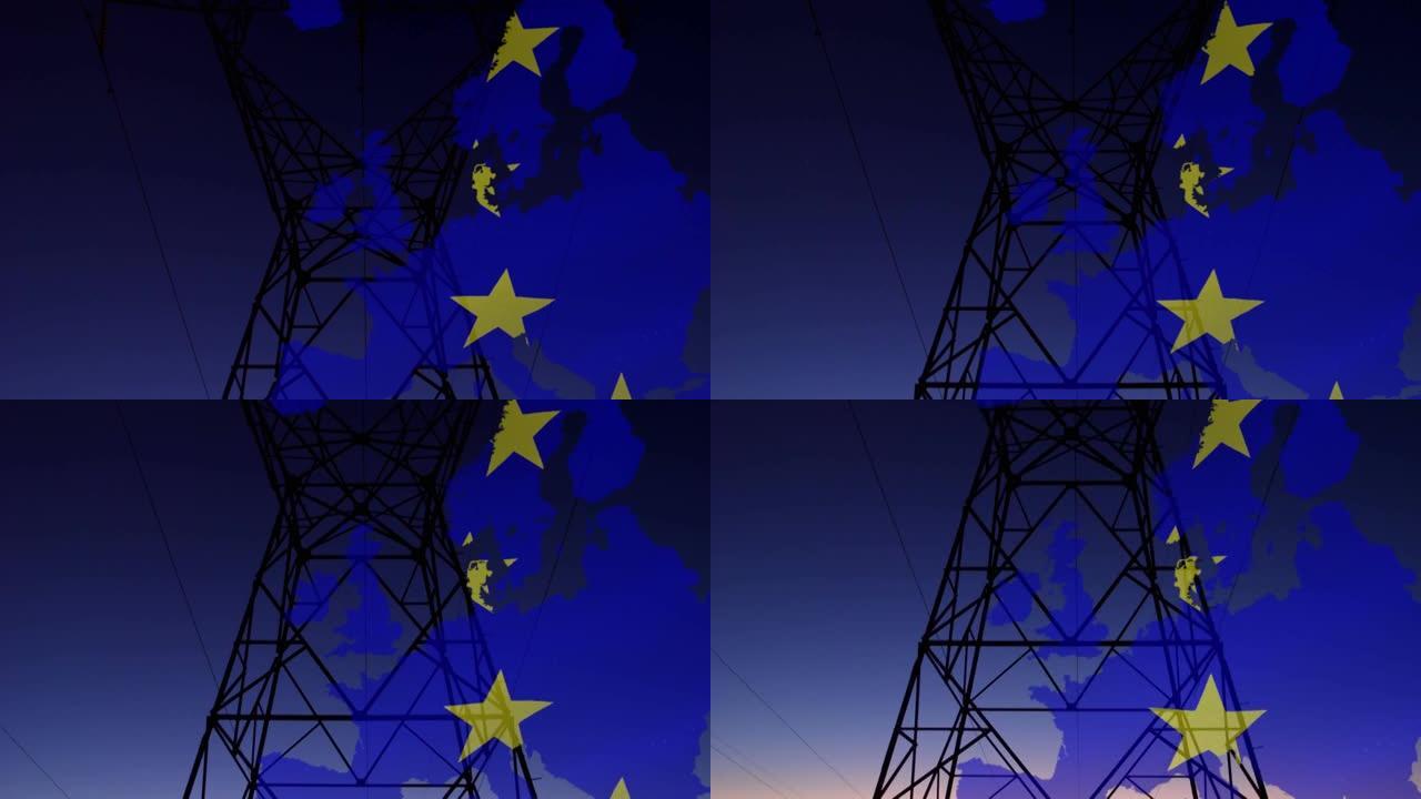 电力塔上的欧盟国旗和欧洲地图的动画