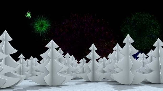 夜空白树造型上五颜六色的圣诞新年烟火动画