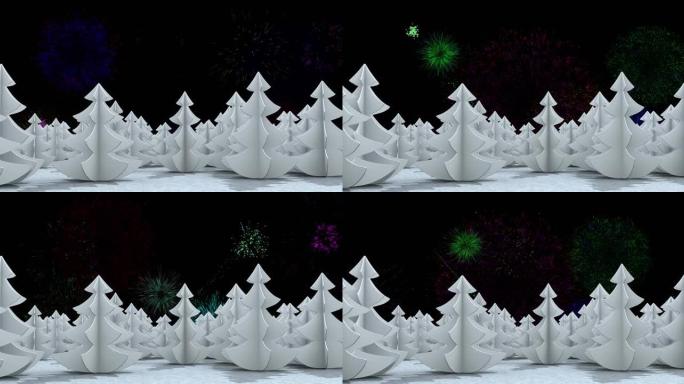 夜空白树造型上五颜六色的圣诞新年烟火动画