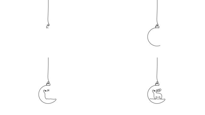 动画插图。连续一行挂球与鹿。手绘简约风格。圣诞概念。4k视频