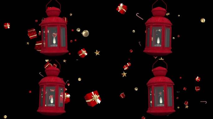 黑色背景上漂浮着圣诞礼物、小玩意和糖果棒图标的红色圣诞灯