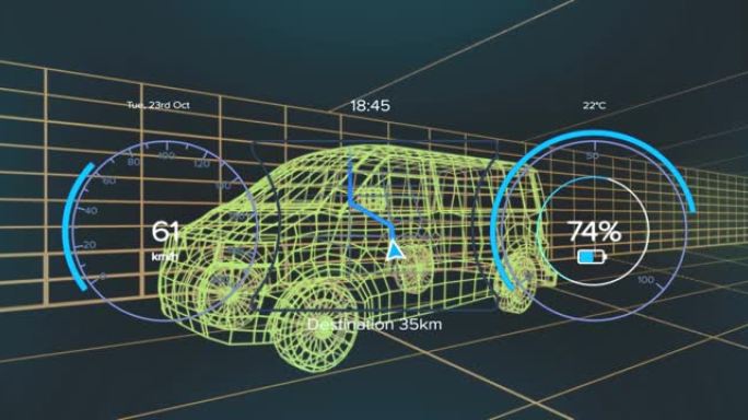 3d货车模型上的车辆接口上的速度计，gps和充电状态数据的动画