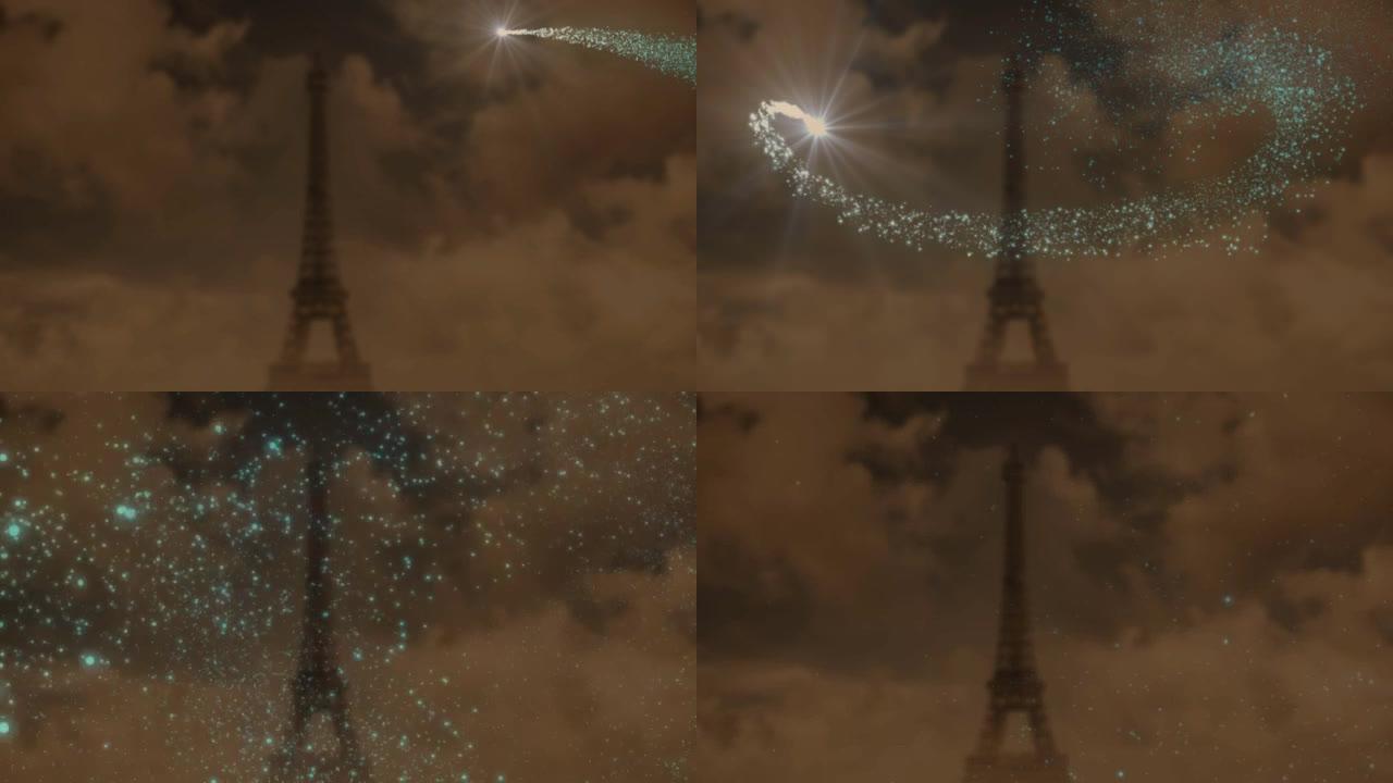 棕色背景上流星和雪落在埃菲尔铁塔上的动画