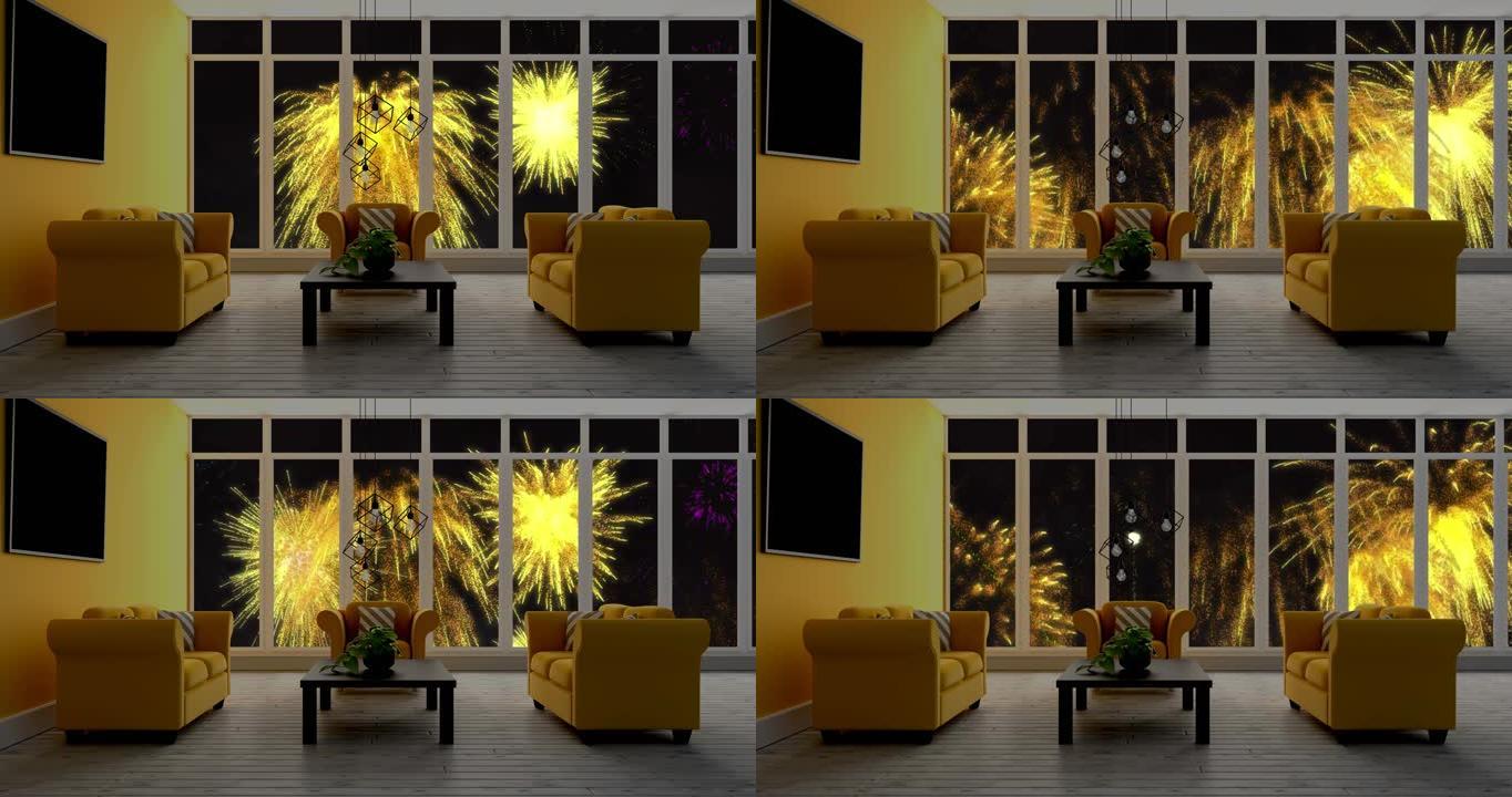 现代室内动画，黄色圣诞节和新年烟花在夜空中爆炸