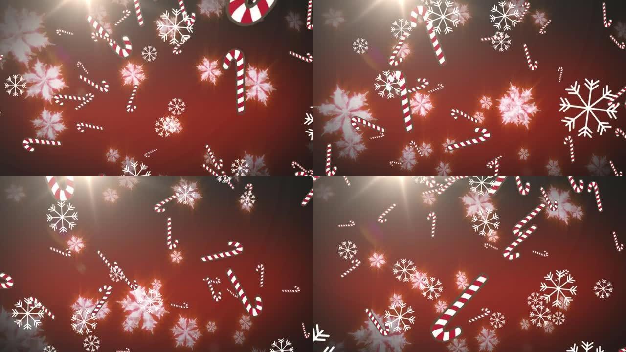 多个糖果棒图标和雪花落在红色背景下的数字动画