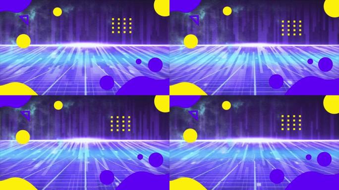 黄色和紫色形状在移动的紫色和蓝色灯光上的动画