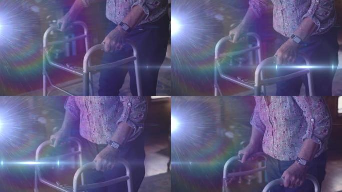 使用步行框架在老年女性中部移动的灯光动画