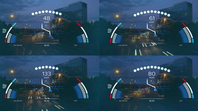 接口上的速度计，gps和充电数据的动画，在夜间加速城市交通
