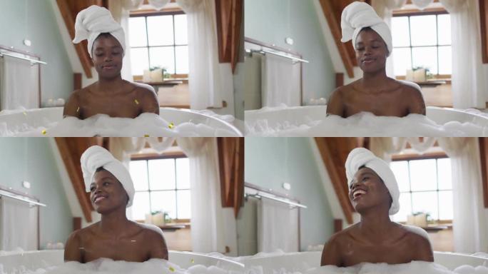 金色五彩纸屑掉落在快乐的非洲裔美国妇女在家洗澡放松的动画