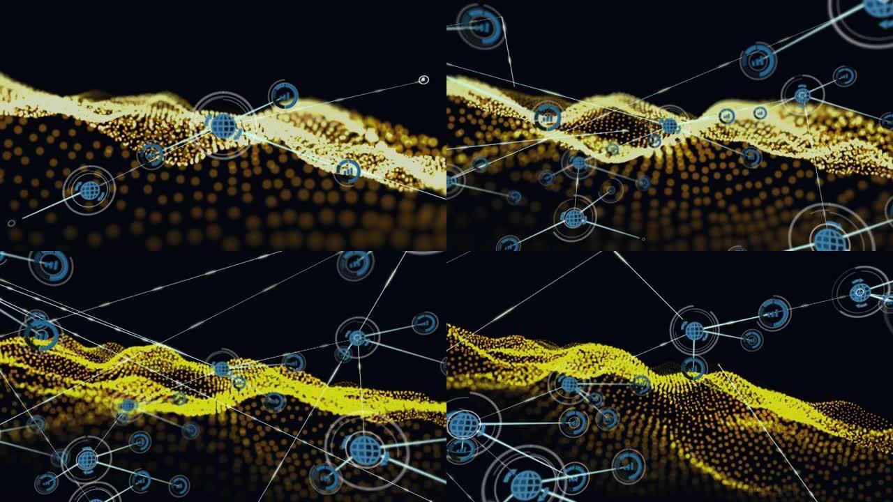 黄色网格上带有数字图标的连接网络动画