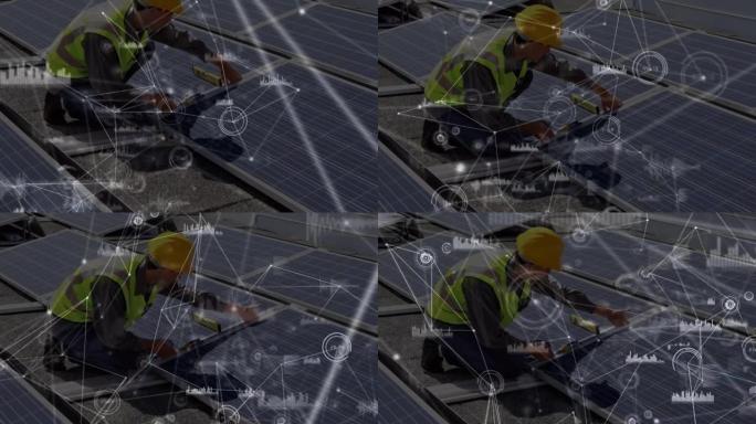 背景中太阳能电池板和男性工程师的连接网络动画