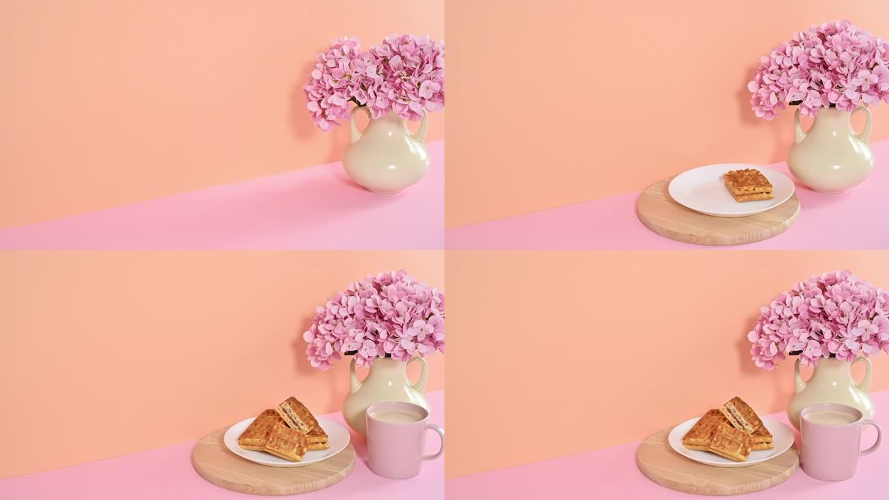 甜点华夫饼配一杯咖啡，以鲜橙色粉色为主题，花瓶里有春天的花朵。停止运动