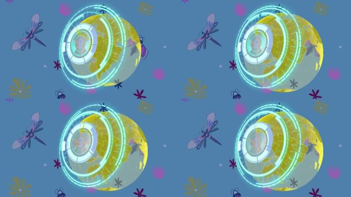 蓝色昆虫和叶子在黄色地球仪网络上的安全锁处理动画