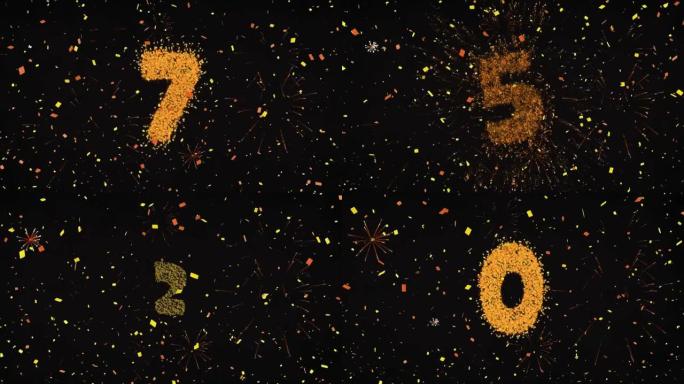 在夜空中，用五彩纸屑将数字从10到0倒计时到新年的动画