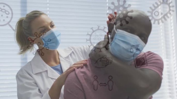 女性医生和男性患者口罩上的covid 19细胞动画