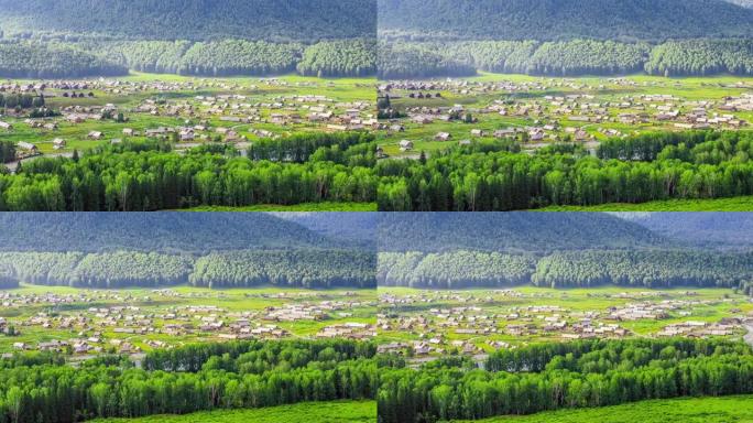新疆美丽的木屋建筑和山地自然风光