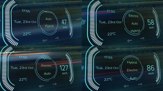 混合动力汽车界面上的速度计，功率类型，电荷和状态数据的动画
