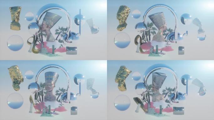 雕像环形奈芙蒂蒂埃及法老女王波普艺术风格背景3d渲染