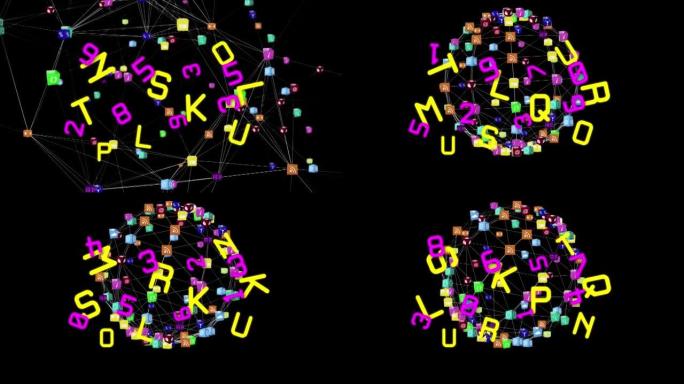 黑色背景上的连接和更改数字和字母的网络动画