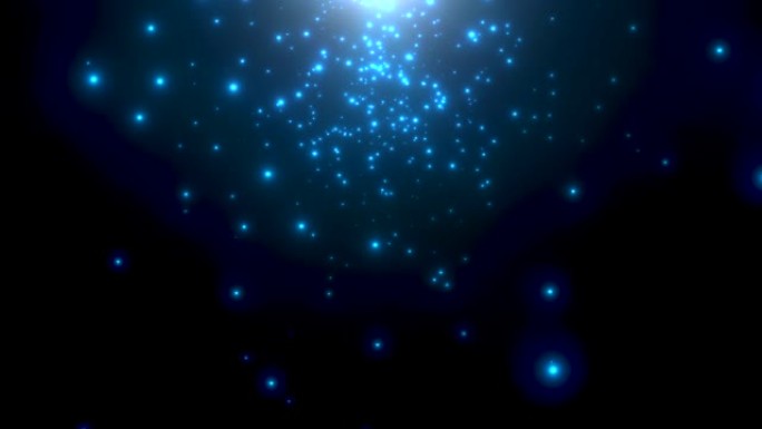 在深色背景上飞行蓝色小颗粒和星星