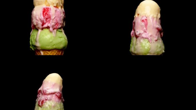 时间流逝，三种口味的冰淇淋在圆锥体上融化。