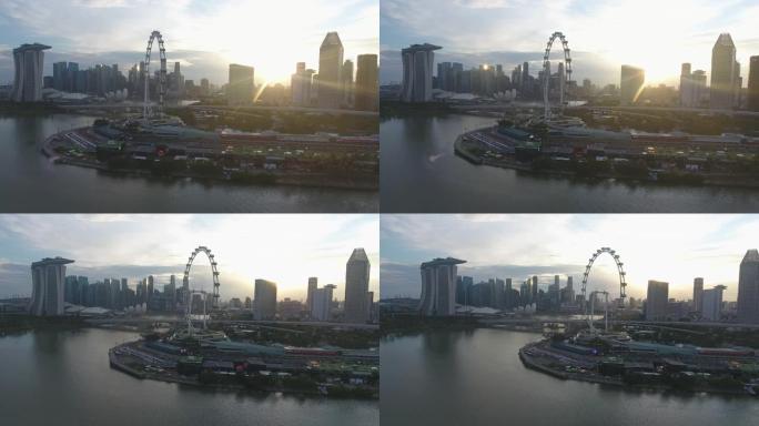 日落时的滨海湾，新加坡城市日落时著名的滨海湾市中心。鸟瞰图