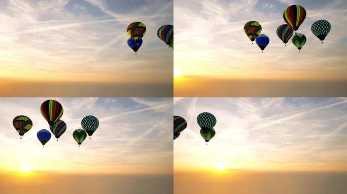 日落时分，多个热气球飞越天空