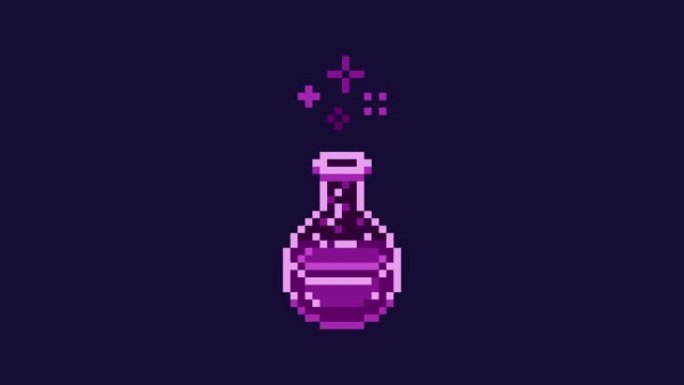 像素艺术药水闪闪发光的紫色毒瓶，游戏设计复古8位视频资产在深蓝色和色度键绿色屏幕背景