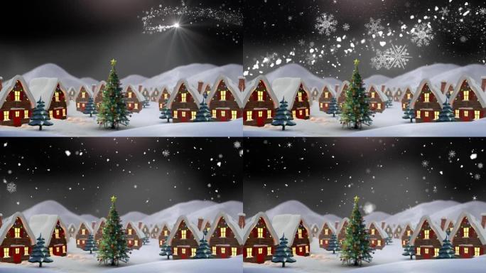 黑色背景上装饰房屋和圣诞树的冬季风景动画