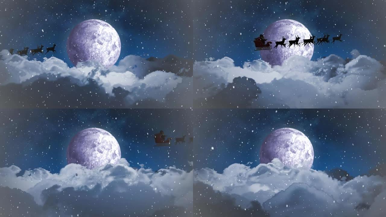 圣诞老人在雪橇上的动画与驯鹿在降雪和月亮的天空