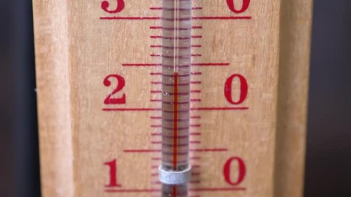 肮脏的旧木制温度计显示24度温度温暖的天气概念