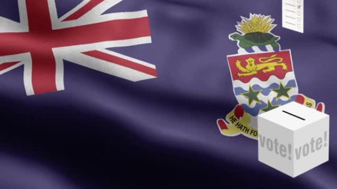 选票飞到开曼群岛的盒子-投票箱前的旗帜-选举-投票-开曼群岛的旗帜-开曼群岛的旗帜高度细节-国旗开曼