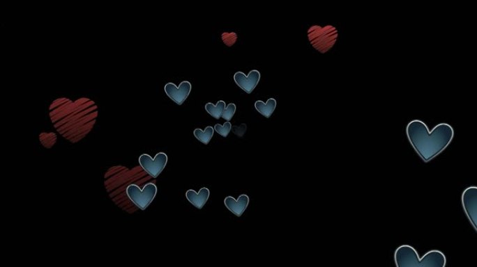 黑色背景上粉红色和蓝色心脏移动的动画