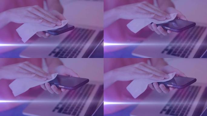 白人妇女用紫色擦拭智能手机的视频