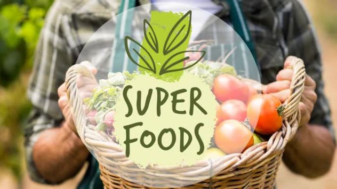 超级食品文本的动画在携带一篮子新鲜收获的蔬菜的人身上