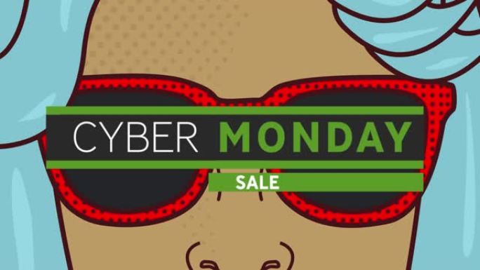 数字动画的网络星期一销售文字横幅反对戴墨镜的女人图标
