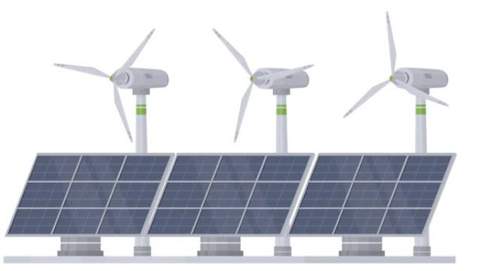 清洁能源。风力涡轮机和太阳能电池板的动画。卡通