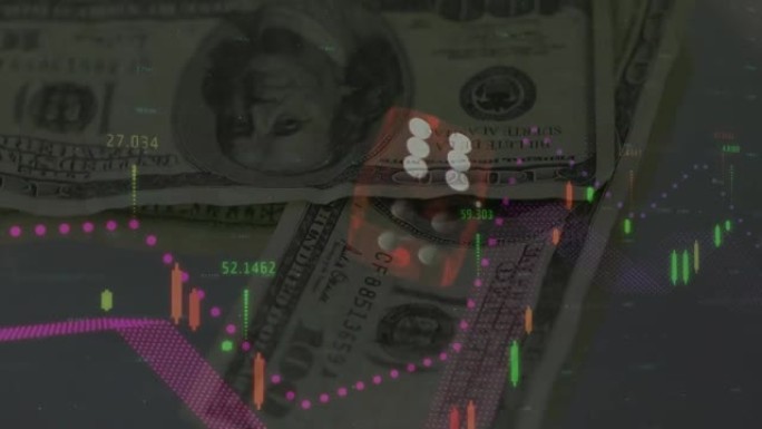 背景中骰子和美元钞票上的金融数据处理动画