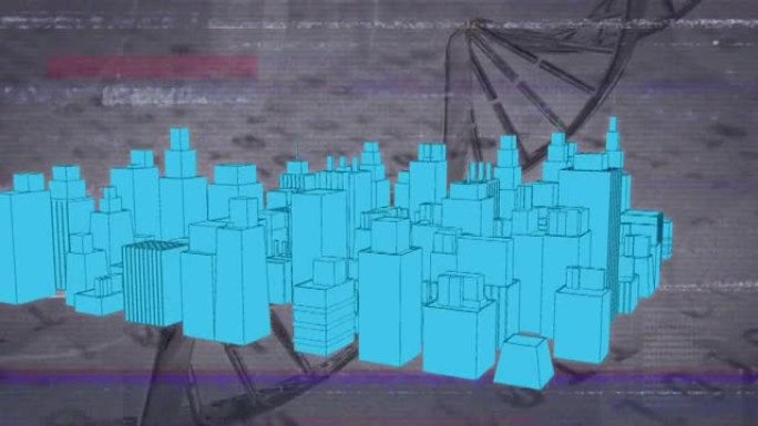 dna链在3d城市景观上旋转的动画