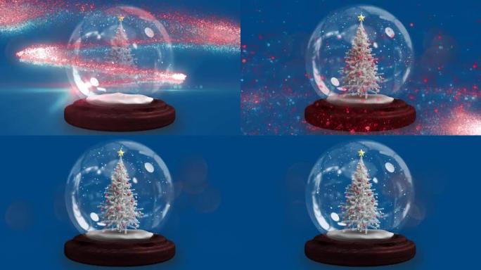 两颗流星在蓝色背景下的雪球中绕着圣诞树旋转