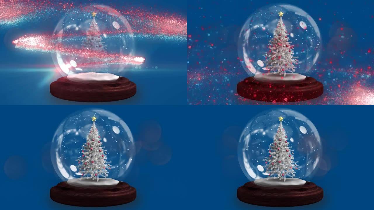 两颗流星在蓝色背景下的雪球中绕着圣诞树旋转