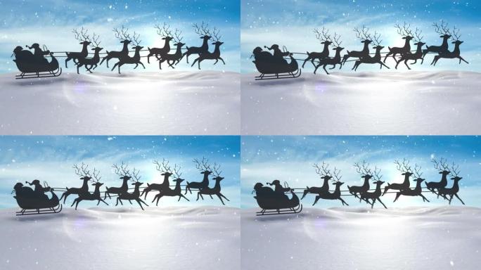 雪落在雪橇上的圣诞老人的动画与驯鹿和冬季景观