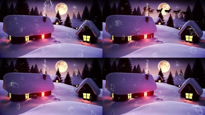 圣诞概念图标落在夜空的冬季景观上的多个房屋上